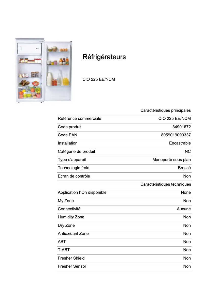 Página 1 del manual Ficha técnica Candy CIO 225 EE/NCM