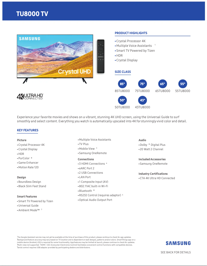 Página 1 del manual Ficha técnica Samsung UN55TU8000FXZA
