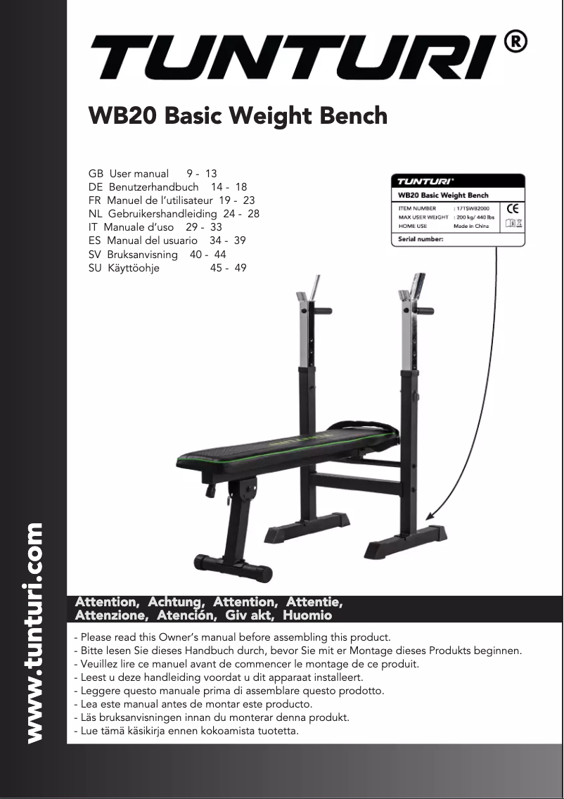 Página 1 del manual Manual de usuario Tunturi WB20 Basic Weight Bench