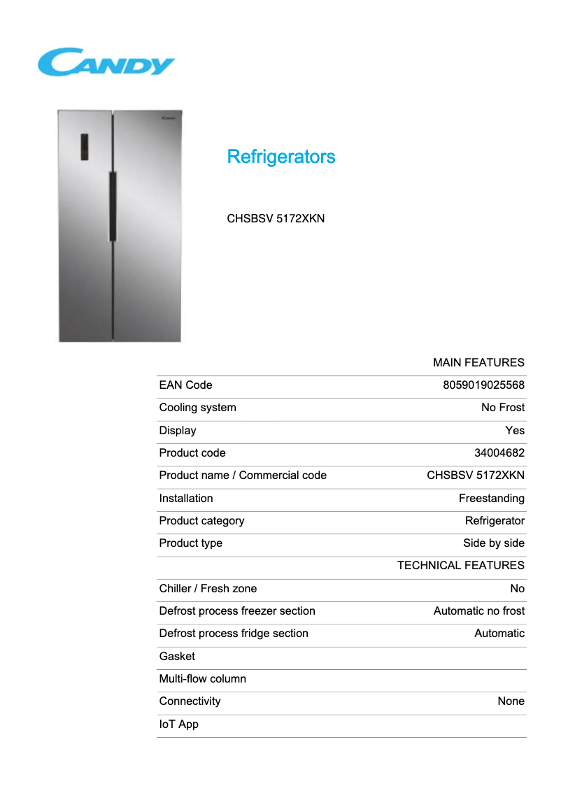 Página 1 del manual Ficha técnica Candy CHSBSV 5172XKN
