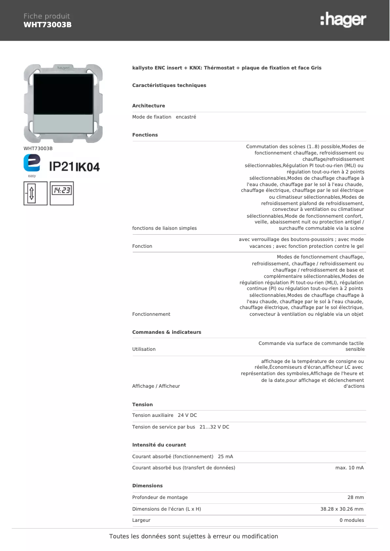 Página 1 del manual Ficha técnica Hager WHT73003B