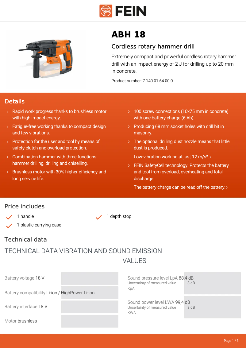 Página 1 del manual Ficha técnica Fein ABH 18