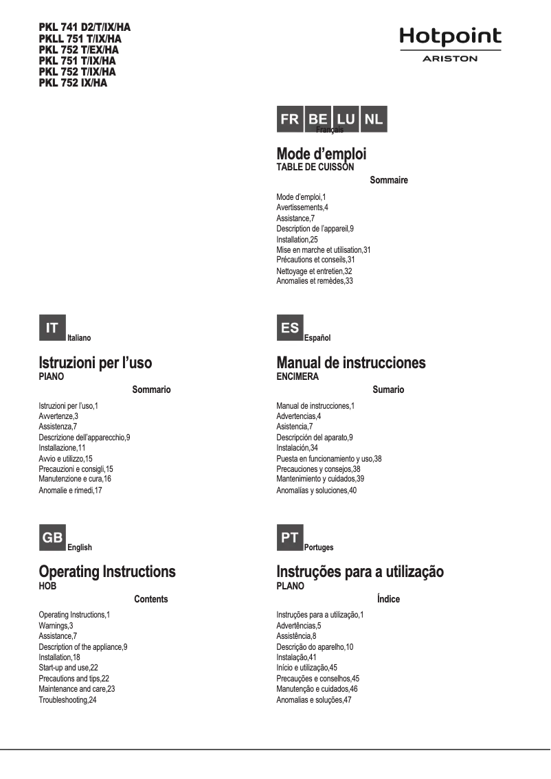Página 1 del manual Manual de usuario Hotpoint Ariston PKL 752 U/IX/HA