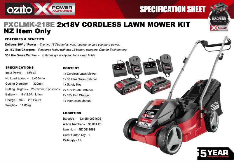 Página nº 1 - Ficha técnica Ozito PXCLMK-218E