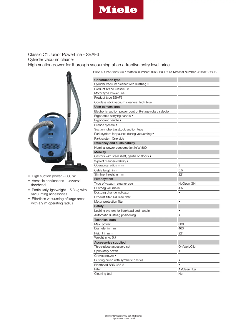Página 1 del manual Ficha técnica Miele Classic C1 Junior PowerLine