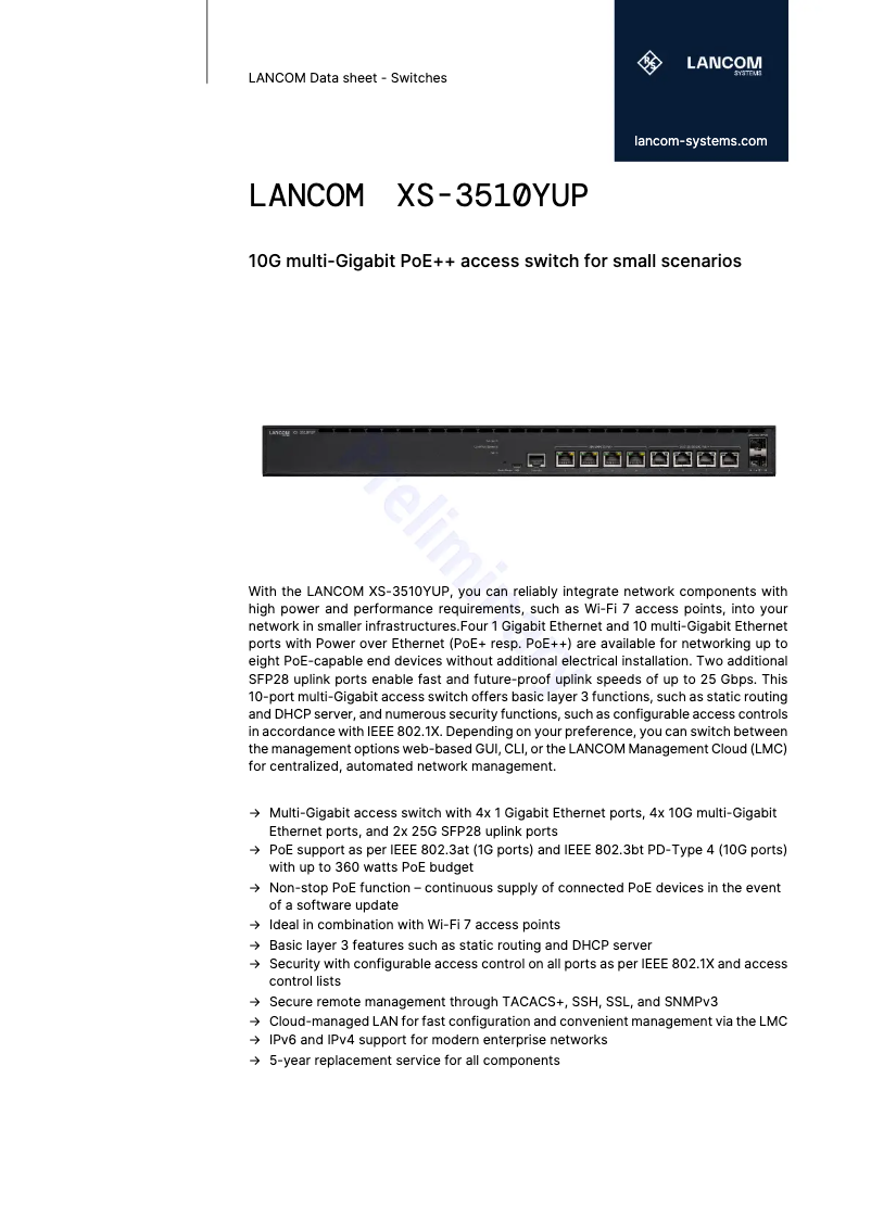 Página 1 del manual Ficha técnica Lancom XS-3510YUP