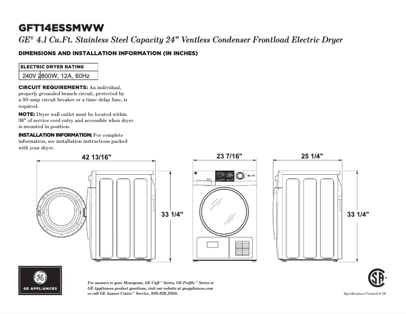 Página 1 del manual Ficha técnica GE GFT14ESSMWW