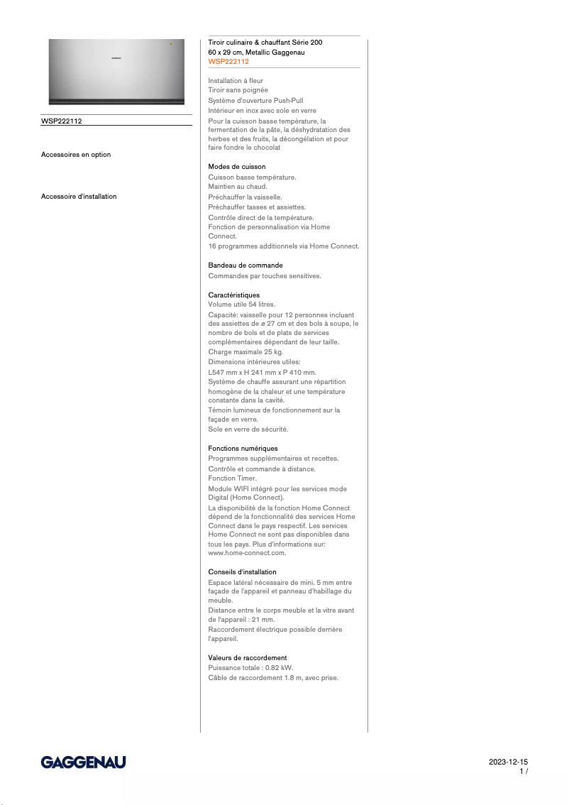 Página nº 1 - Ficha técnica Gaggenau WSP222112
