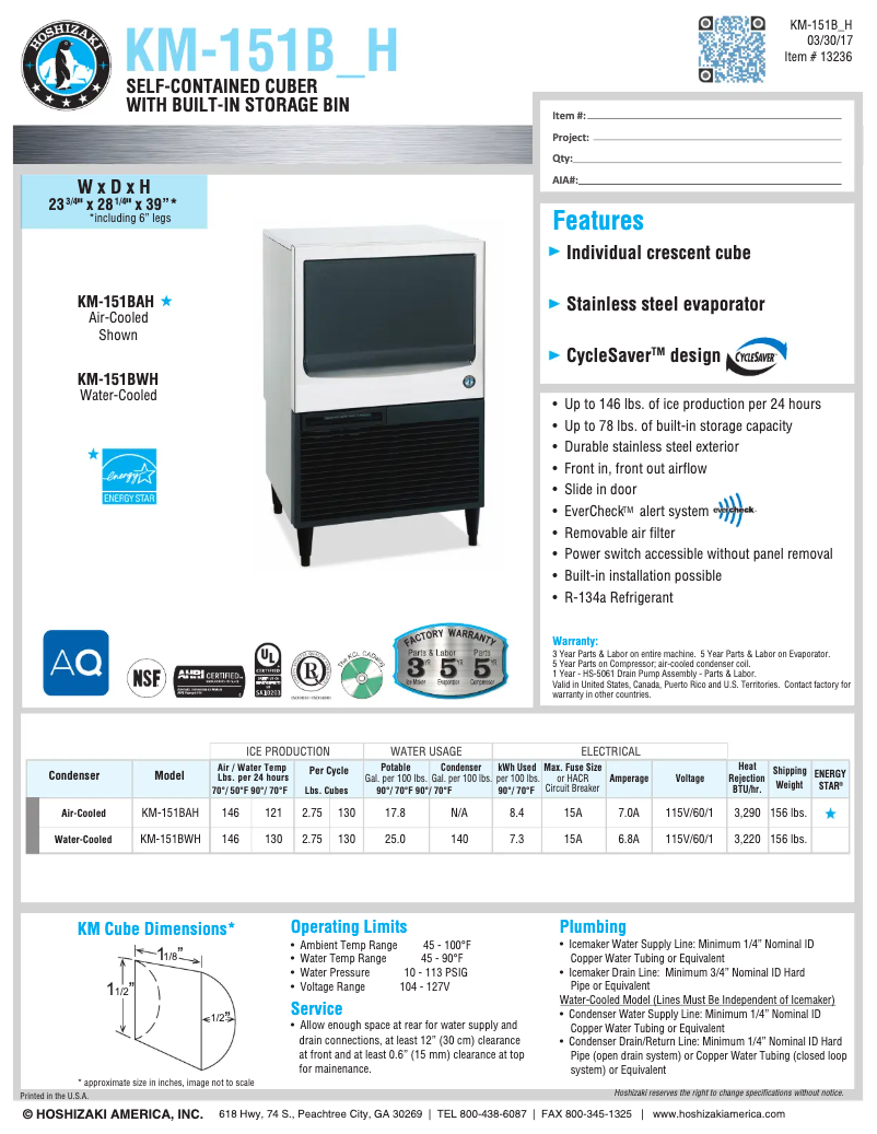 Página 1 del manual Ficha técnica Hoshizaki KM-151BWH