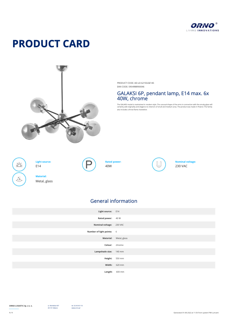 Página 1 del manual Ficha técnica Adviti AD-LD-6215GGE14S