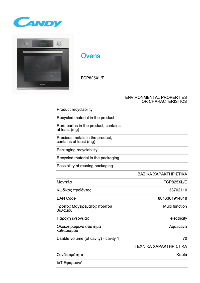 Página 1 del manual Ficha técnica Candy FCP825XL/E