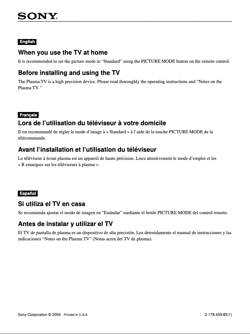 Página nº 1 - Guía de instalación Sony KE-42M1