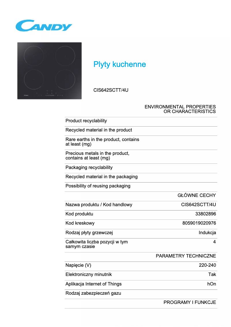 Página 1 del manual Ficha técnica Candy CIS642SCTT/4U
