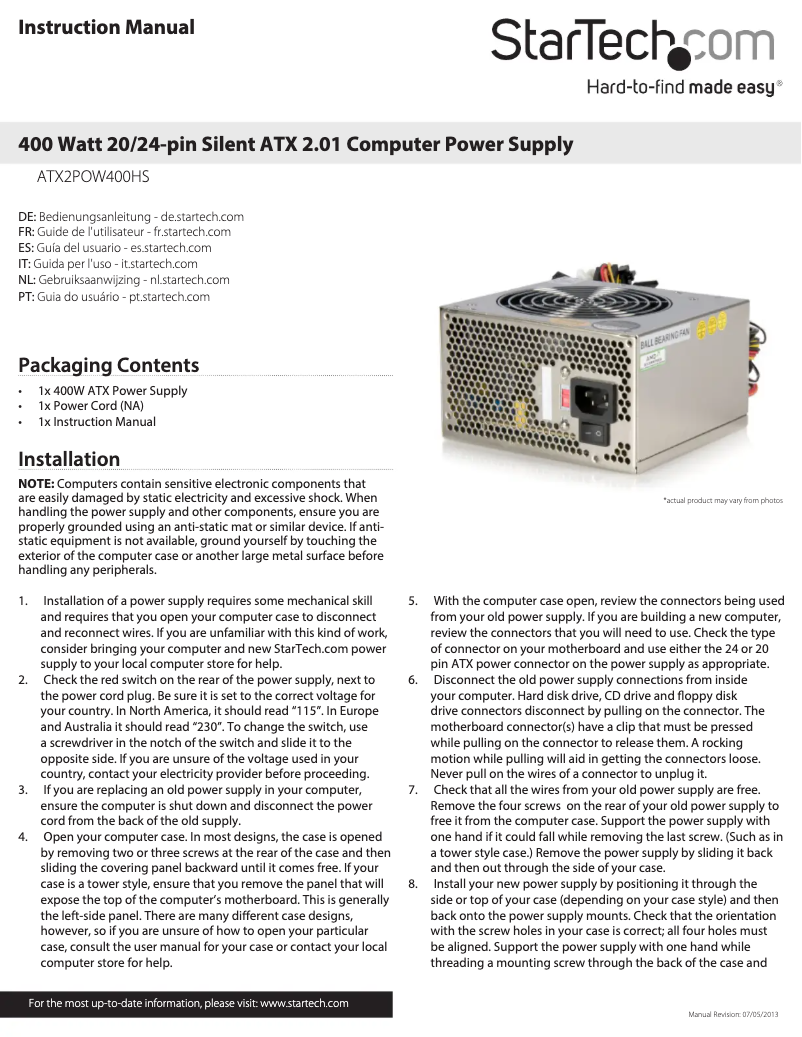 Página 1 del manual Manual de usuario StarTech.com ATX2POW400HS