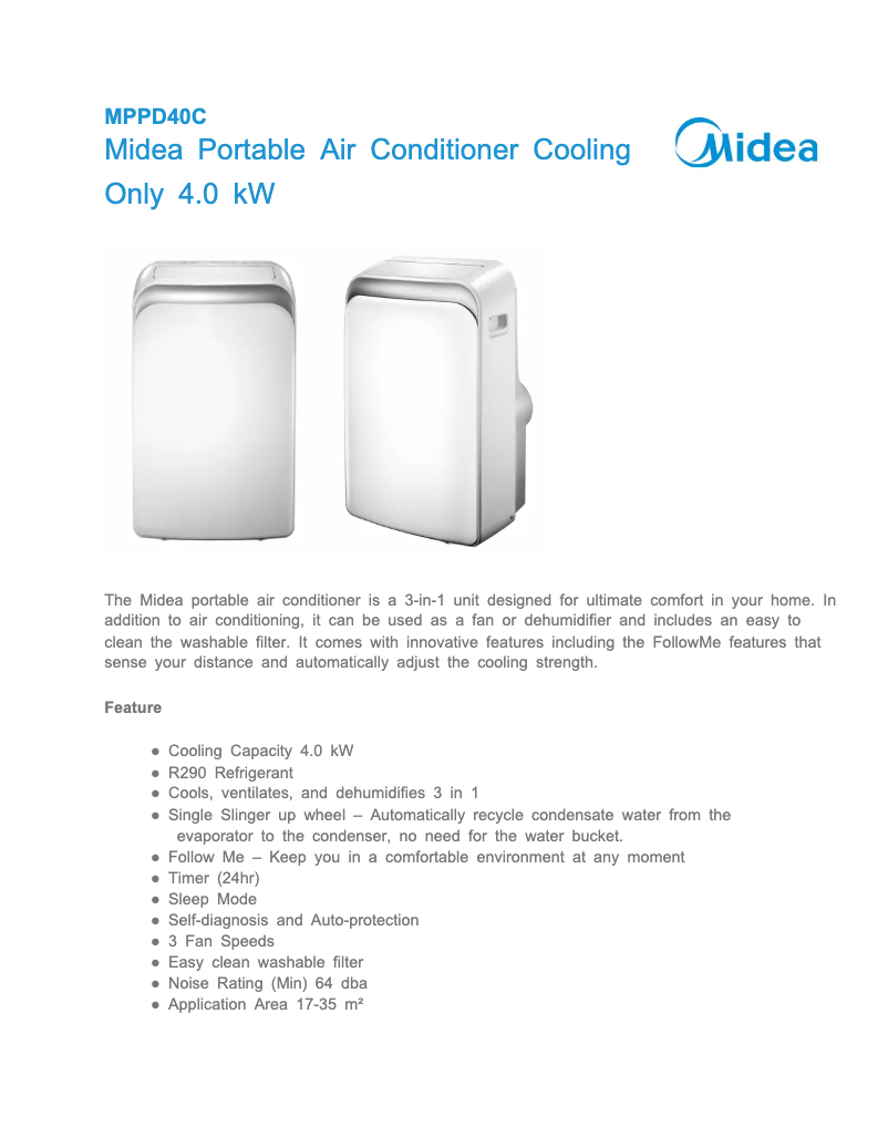 Página 1 del manual Ficha técnica Midea MPPD40C