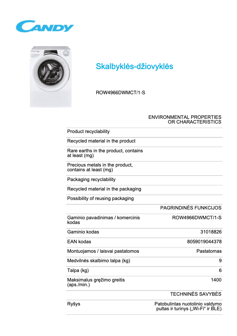 Página 1 del manual Ficha técnica Candy ROW4966DWMCT/1-S