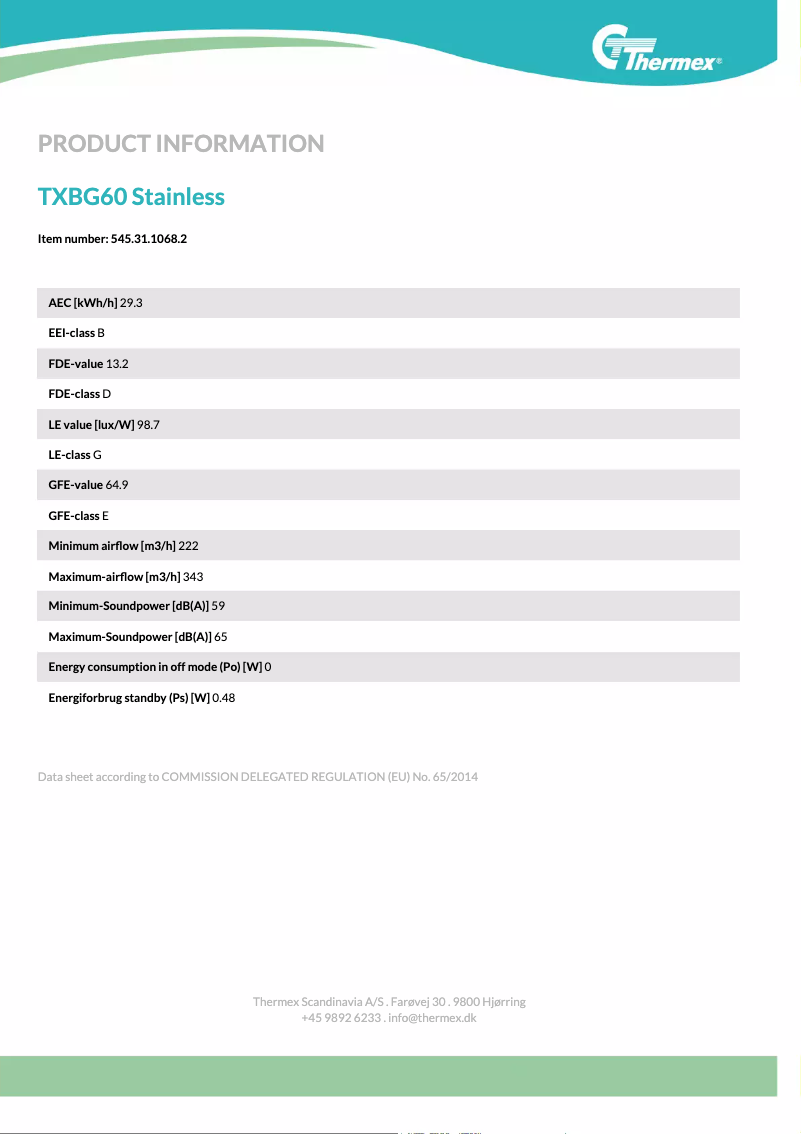 Página 1 del manual Ficha técnica Thermex TXBG60