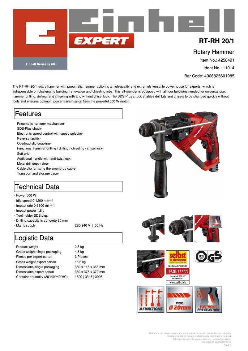 Página nº 1 - Ficha técnica Einhell RT-RH 20/1