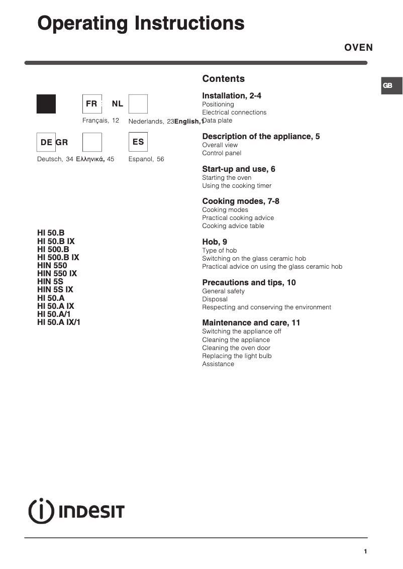Página 1 del manual Manual de usuario Indesit HI 50.A (WH)/1