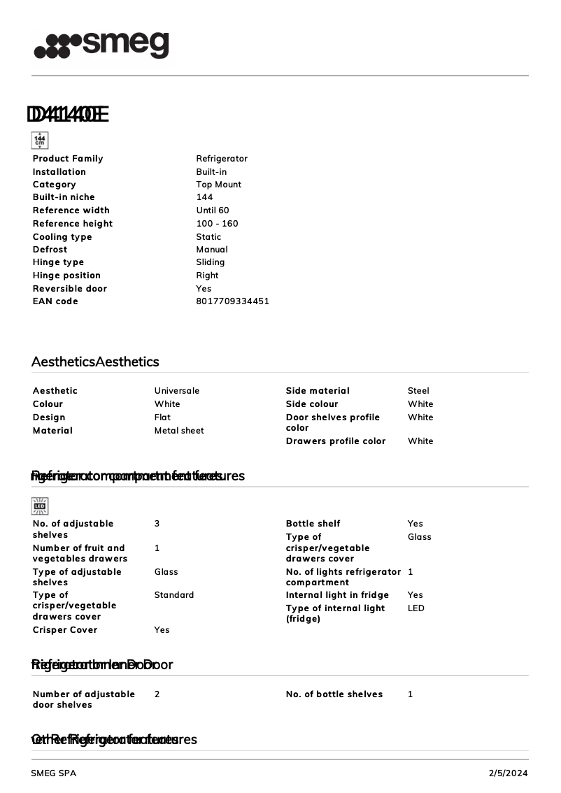 Página 1 del manual Ficha técnica Smeg D4140E