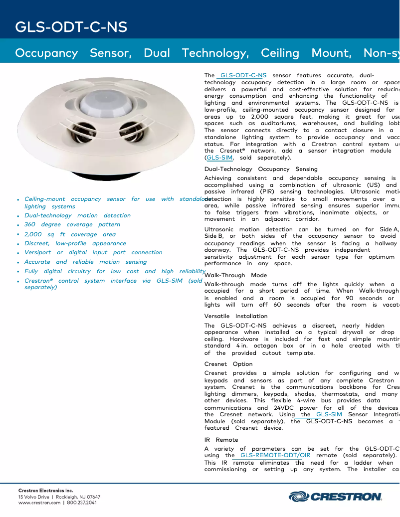 Página 1 del manual Ficha técnica Crestron GLS-ODT-C-NS