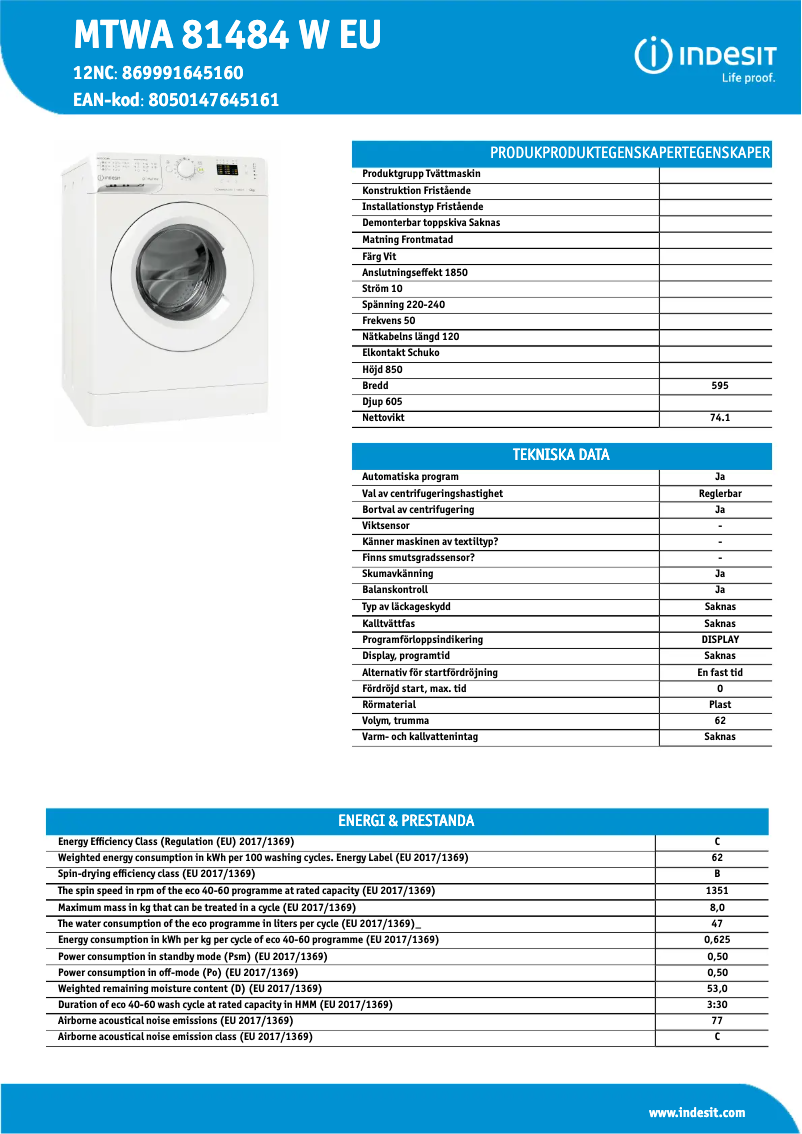 Página 1 del manual Ficha técnica Indesit MTWA 81484 W EU
