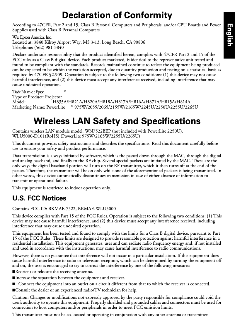 Imagen de la primera página del manual del dispositivo PowerLite 2155W