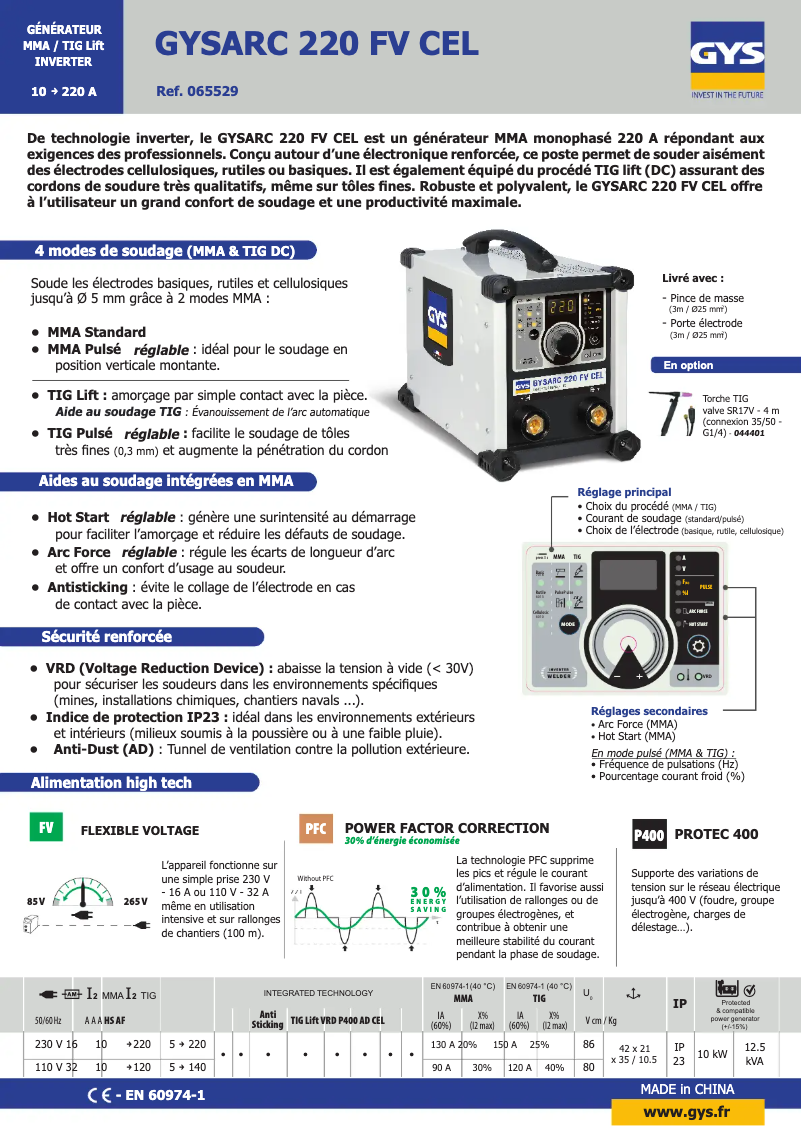 Imagen de la primera página del manual del dispositivo Gysarc 220 FV CEL