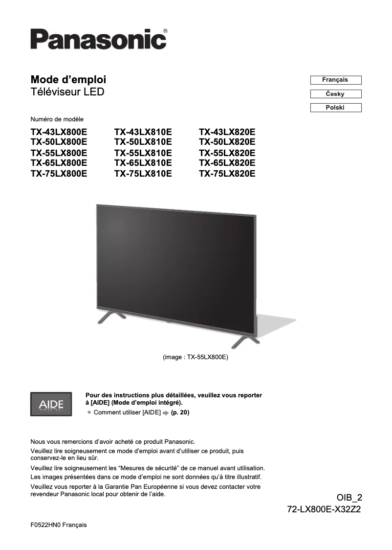 Imagen de la primera página del manual del dispositivo TX-75LX820E