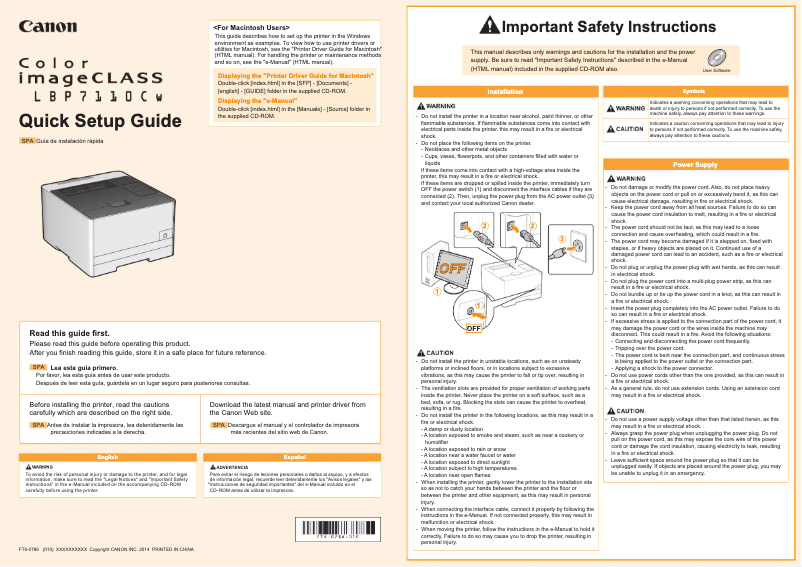 Imagen de la primera página del manual del dispositivo imageCLASS LBP7110CW