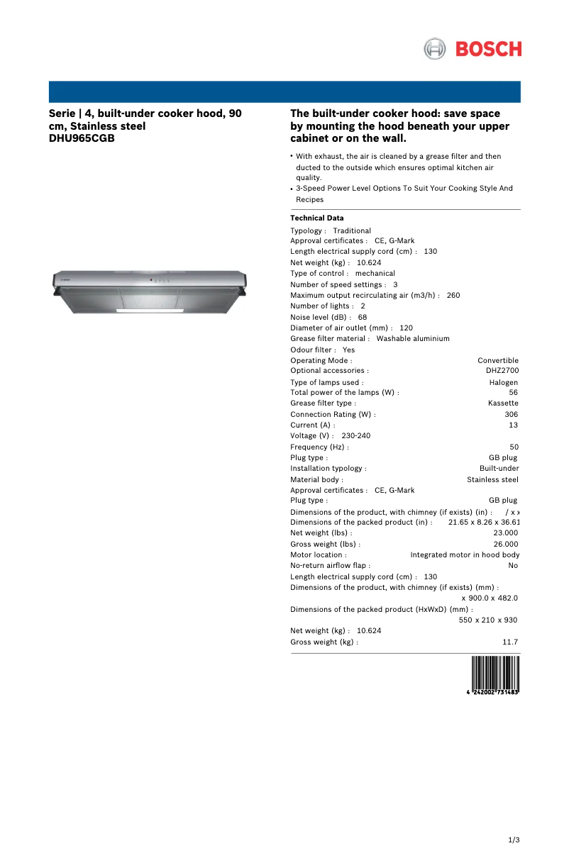 Imagen de la primera página del manual del dispositivo DHU965CGB