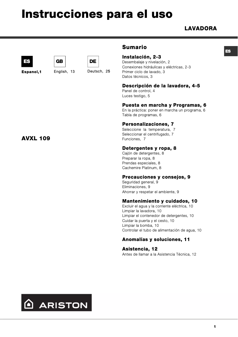 Página 1 del manual Manual de usuario Ariston Thermo AVXL109