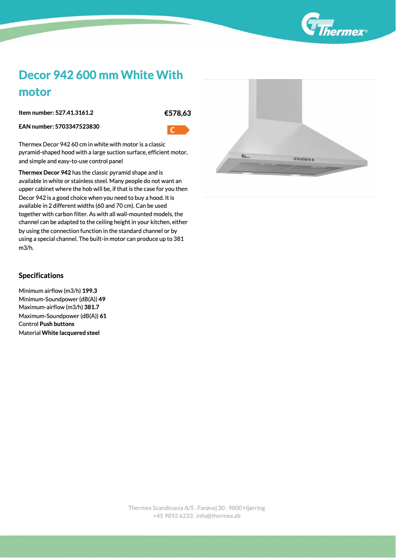 Página 1 del manual Ficha técnica Thermex Decor 942