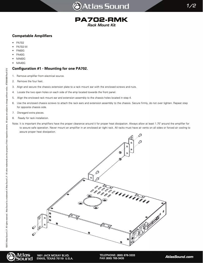 Página 1 del manual Manual de usuario Atlas Sound PA702-RMK
