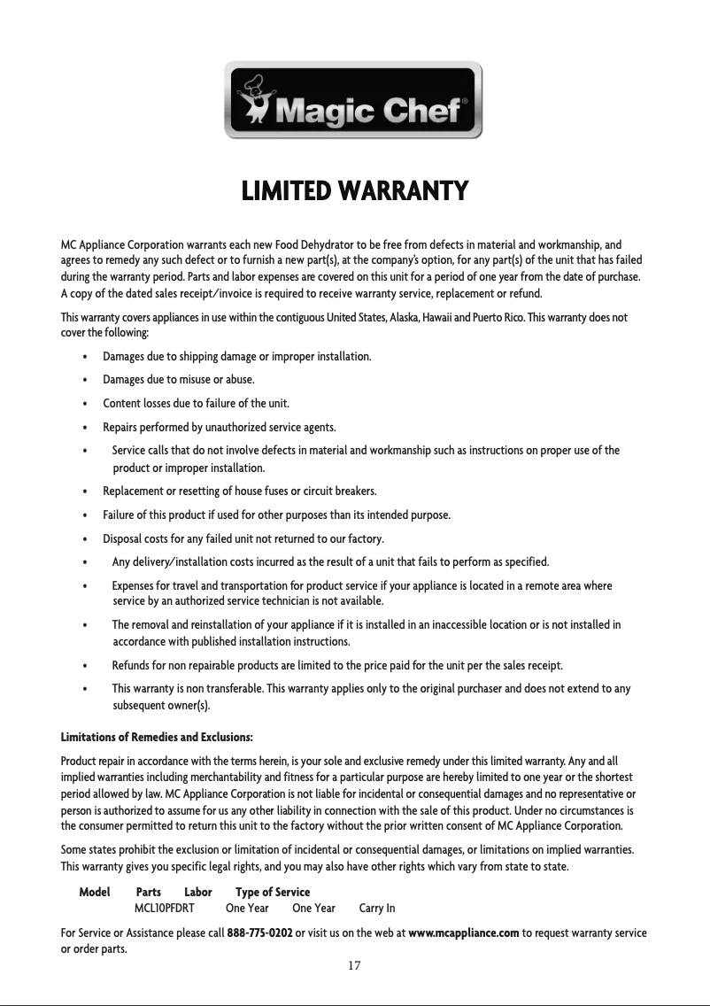 Página 1 del manual Información de garantía Magic Chef MCL10PFDRT