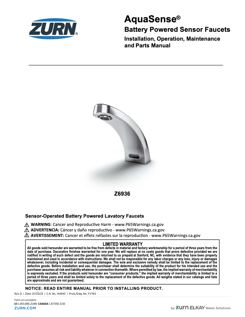Página 1 del manual Manual de usuario Zurn AquaSense Z6936