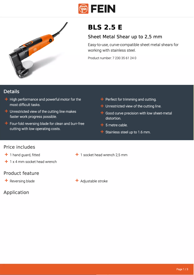Página 1 del manual Ficha técnica Fein BLS 2.5 E