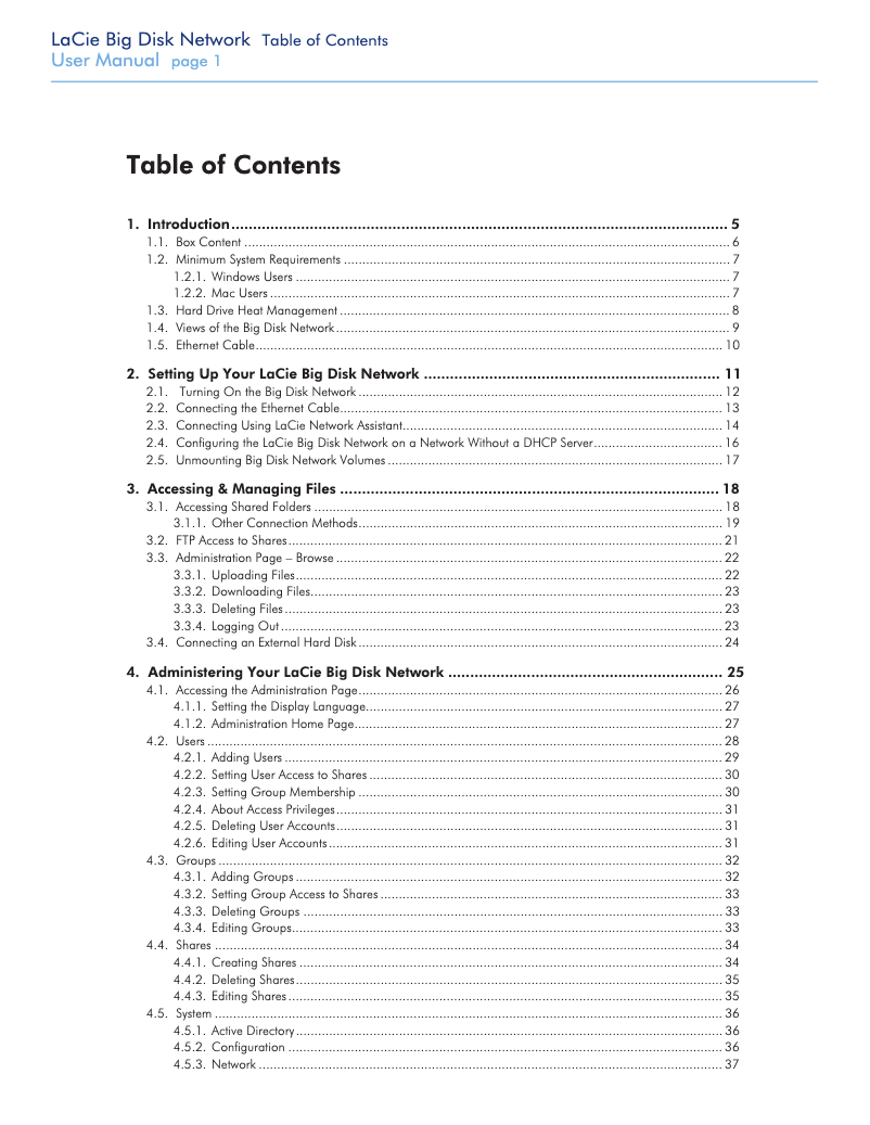 Imagen de la primera página del manual del dispositivo Big Disk Network