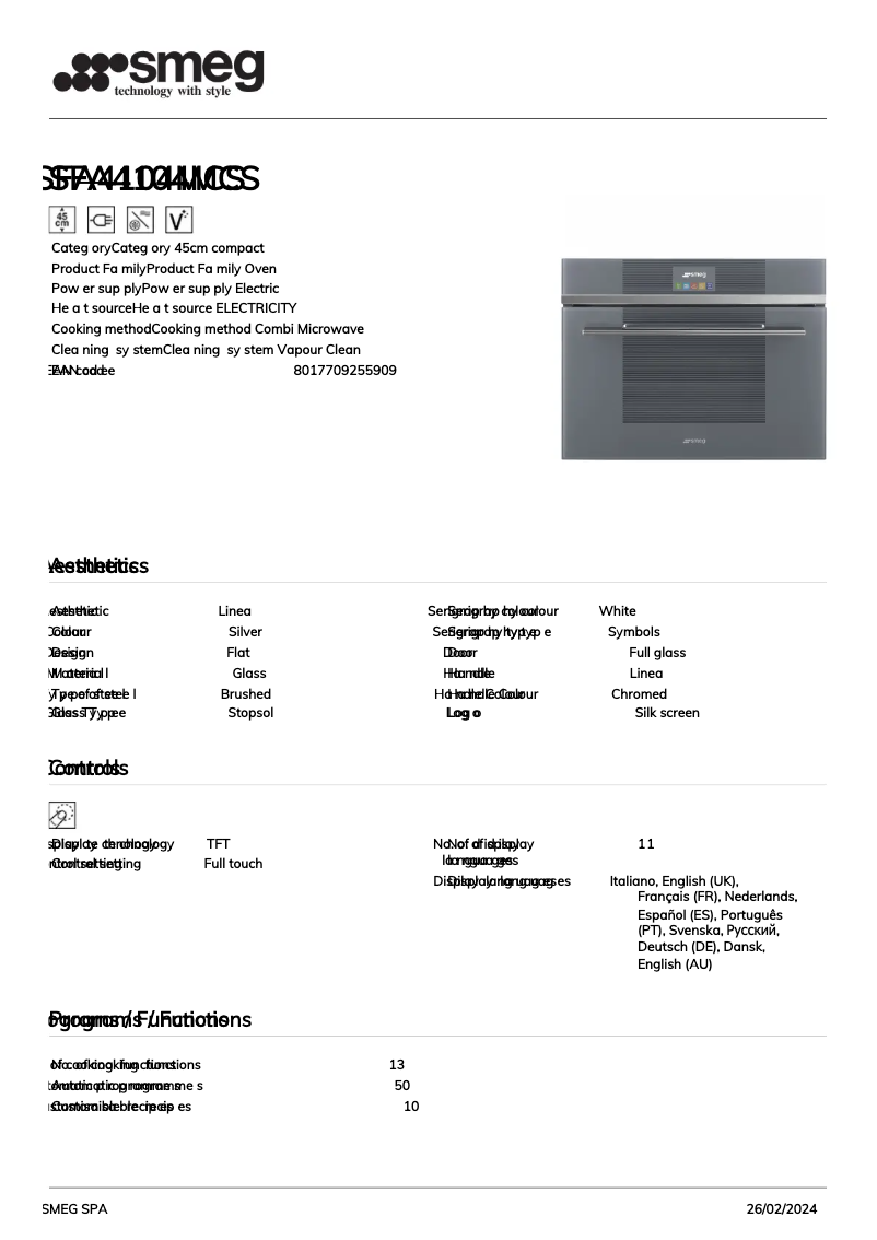 Página 1 del manual Ficha técnica Smeg SFA4104MCS