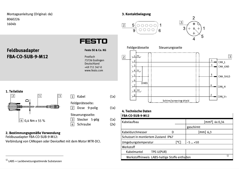 Imagen de la primera página del manual del dispositivo FBA-CO-SUB-9-M12