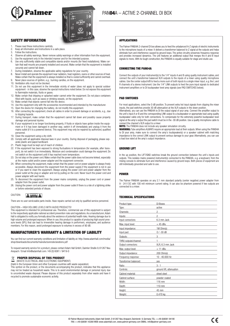 Página 1 del manual Manual de usuario Palmer PAN04A