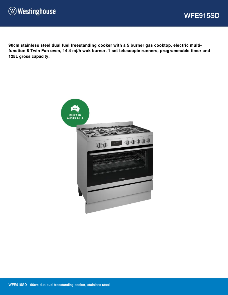 Página 1 del manual Ficha técnica Westinghouse WFE915SD