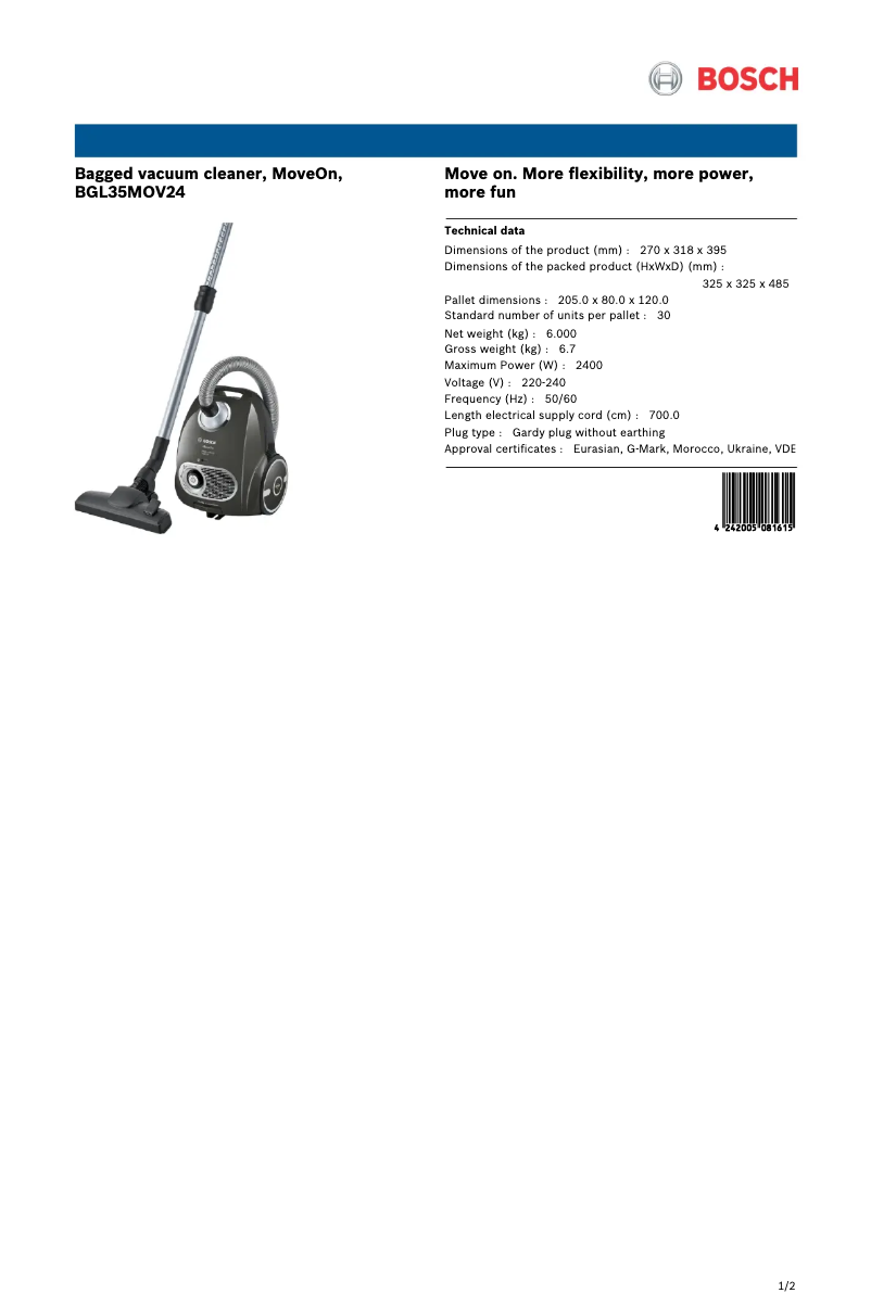 Página 1 del manual Ficha técnica Bosch BGL35MOV24