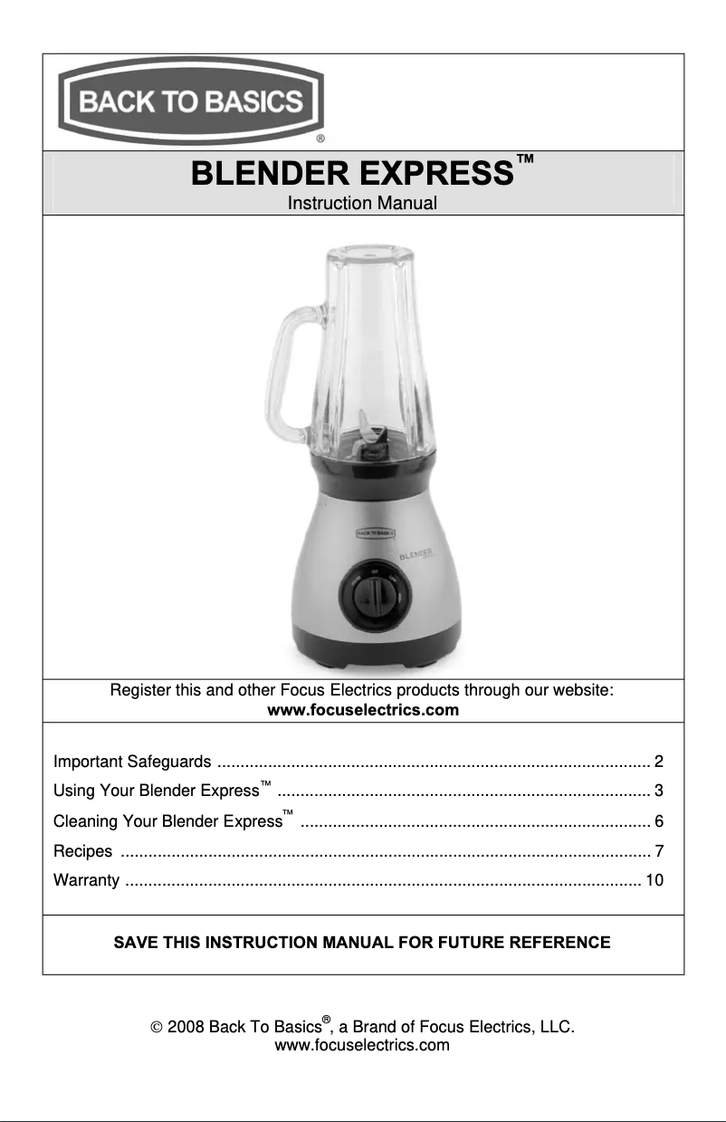 Página 1 del manual Manual de usuario Back to Basics Blender Express