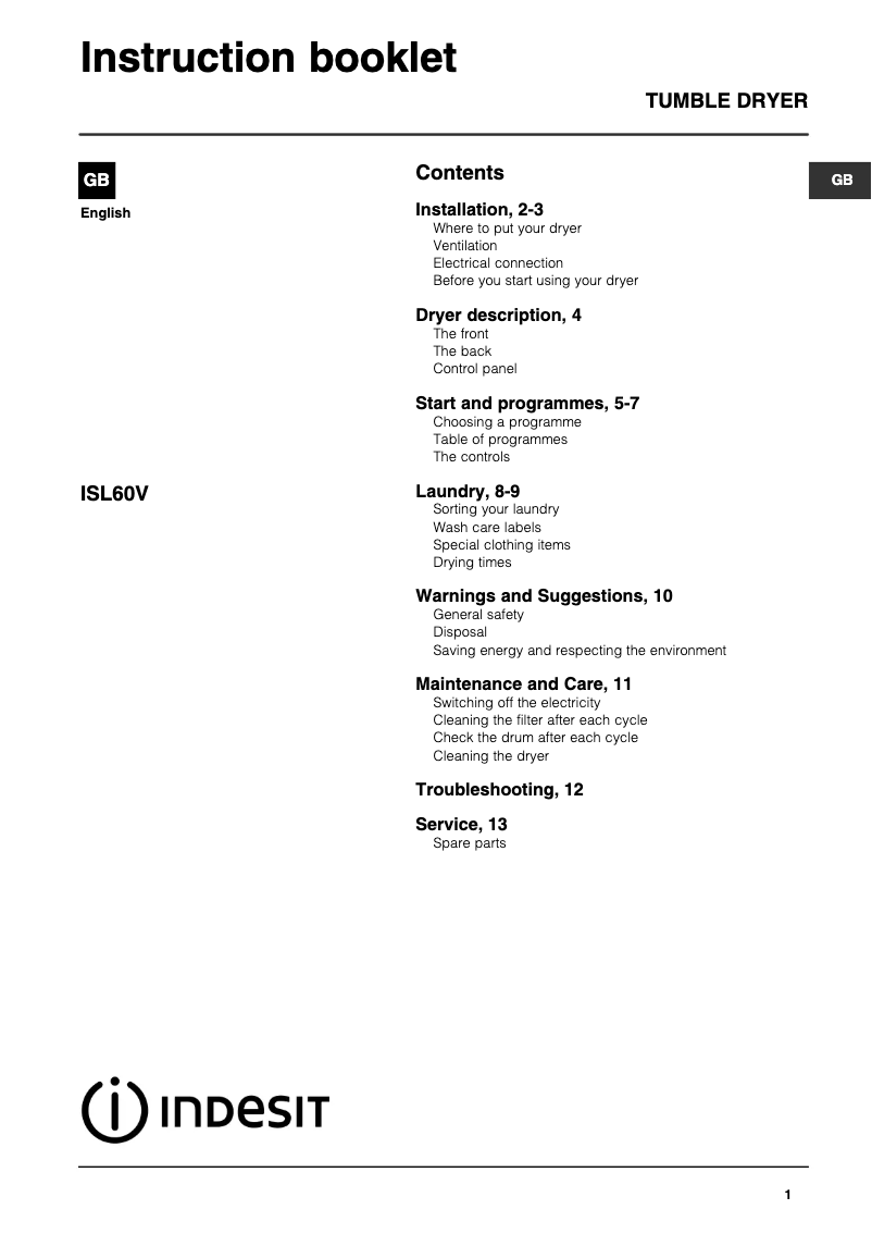 Página 1 del manual Manual de usuario Indesit ISL 60 V (UK)