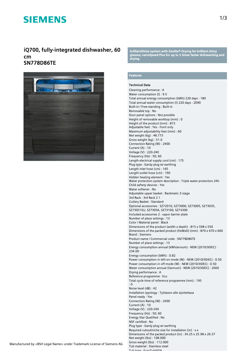 Página 1 del manual Ficha técnica Siemens SN778D86TE