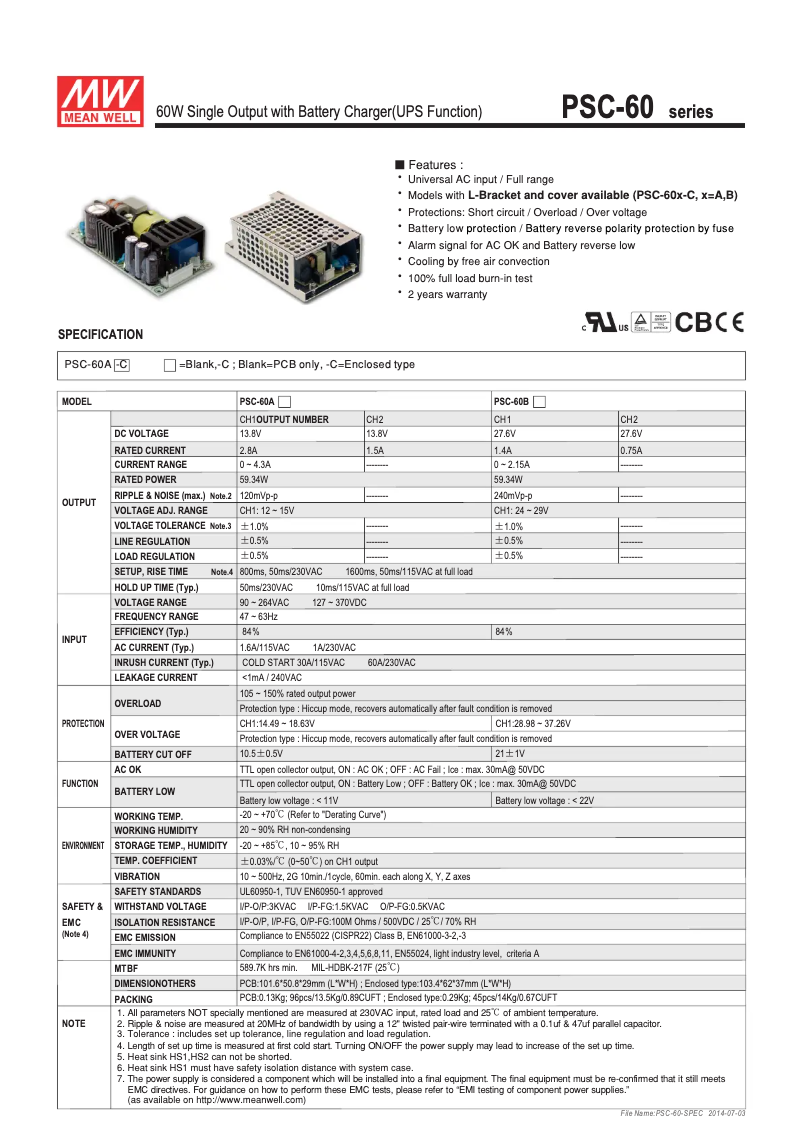 Página 1 del manual Manual de instrucciones Mean Well PSC-60A