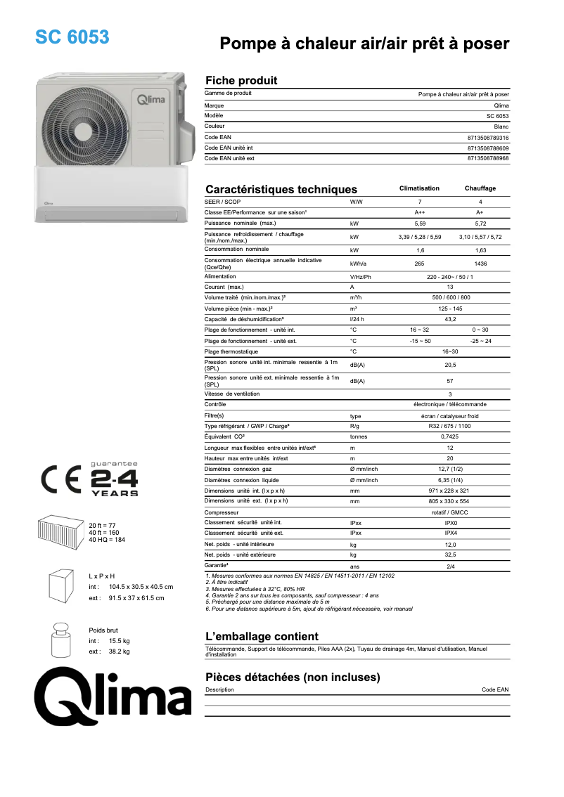 Página 1 del manual Ficha técnica Qlima SC6053