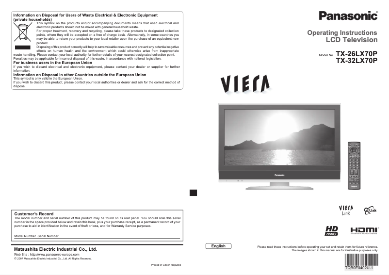 Imagen de la primera página del manual del dispositivo Viera TX-26LX70P