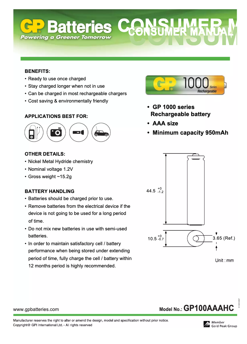 Página 1 del manual Manual de usuario GP Batteries AAA 950mAh